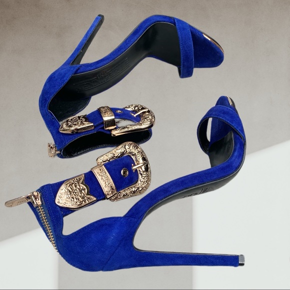 🍋 Jennifer Le blue suede & gold buckle heels 36 - Picture 10 of 13